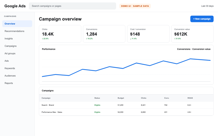 Google Ads kampanya performans raporlama ekranı